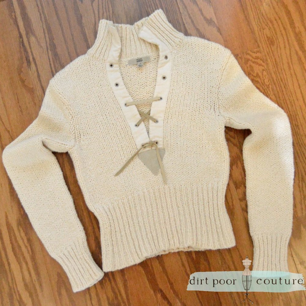Sexy Cable Knit Ivory Sweater with V Neck Lacing Down Front and High Neck Size S